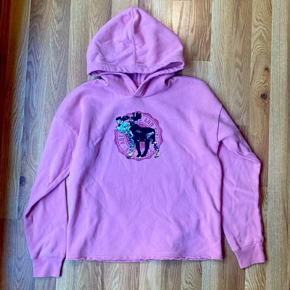 Abercrombie Kids Pink Crop Fleece Hoodie 15 16 small flip sequins - Picture 1 of 4